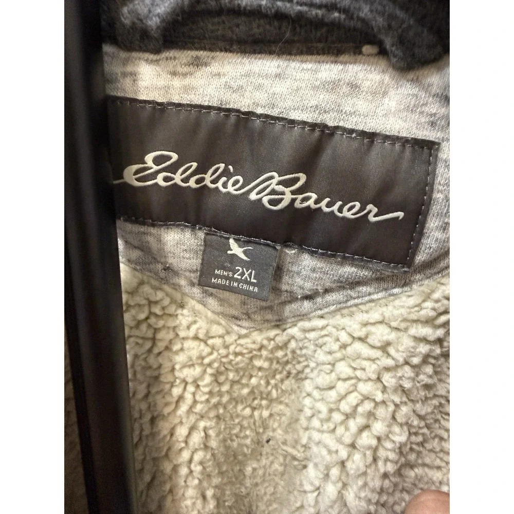 Eddie Bauer Mens 2XL Sherpa Lined Full Zip Hoodie Gray Heavyweight Fleece Jacket
